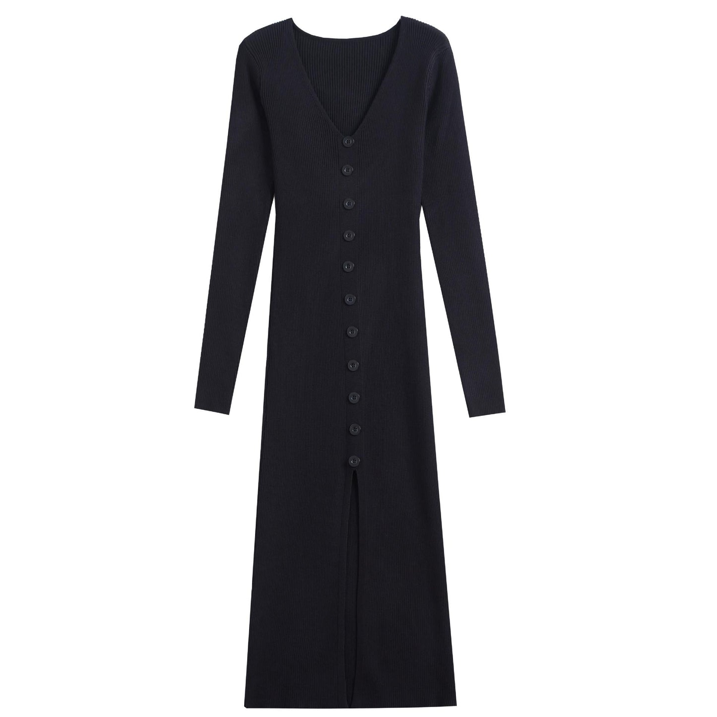 Robe longue femme, manches longues, motif côtelé, élégante, boutonnée