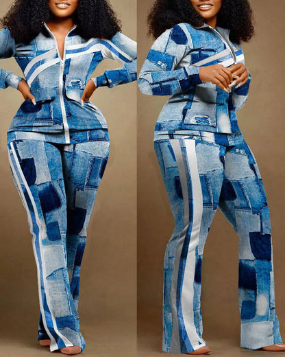 Ensemble de sport pour femme style jean avec fermeture éclair et taille haute