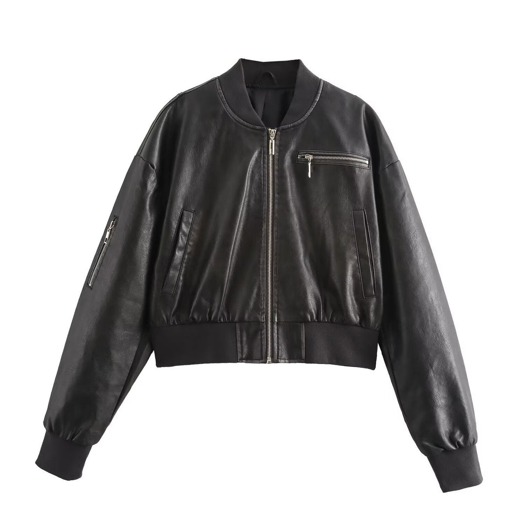 Blouson Aviateur en Cuir Femme Noir Tendance