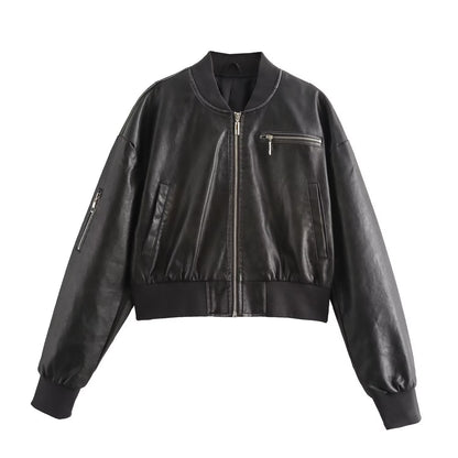 Blouson Aviateur en Cuir Femme Noir Tendance