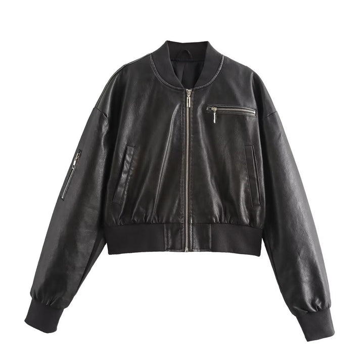 Blouson Aviateur en Cuir Femme Noir Tendance
