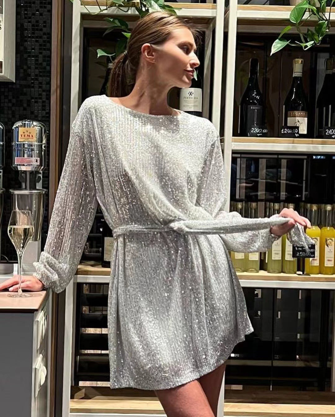Robe de soirée femme Paillettes Lurex Élégante Lacée