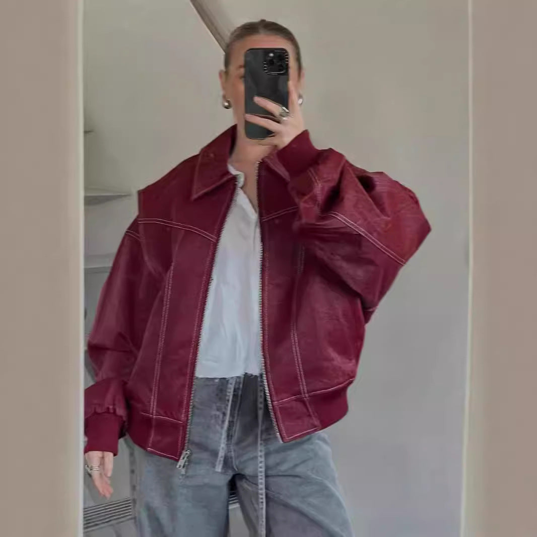 Modische Damen Lederjacke Oversized Schnitt Trendy - IdealeKleiden