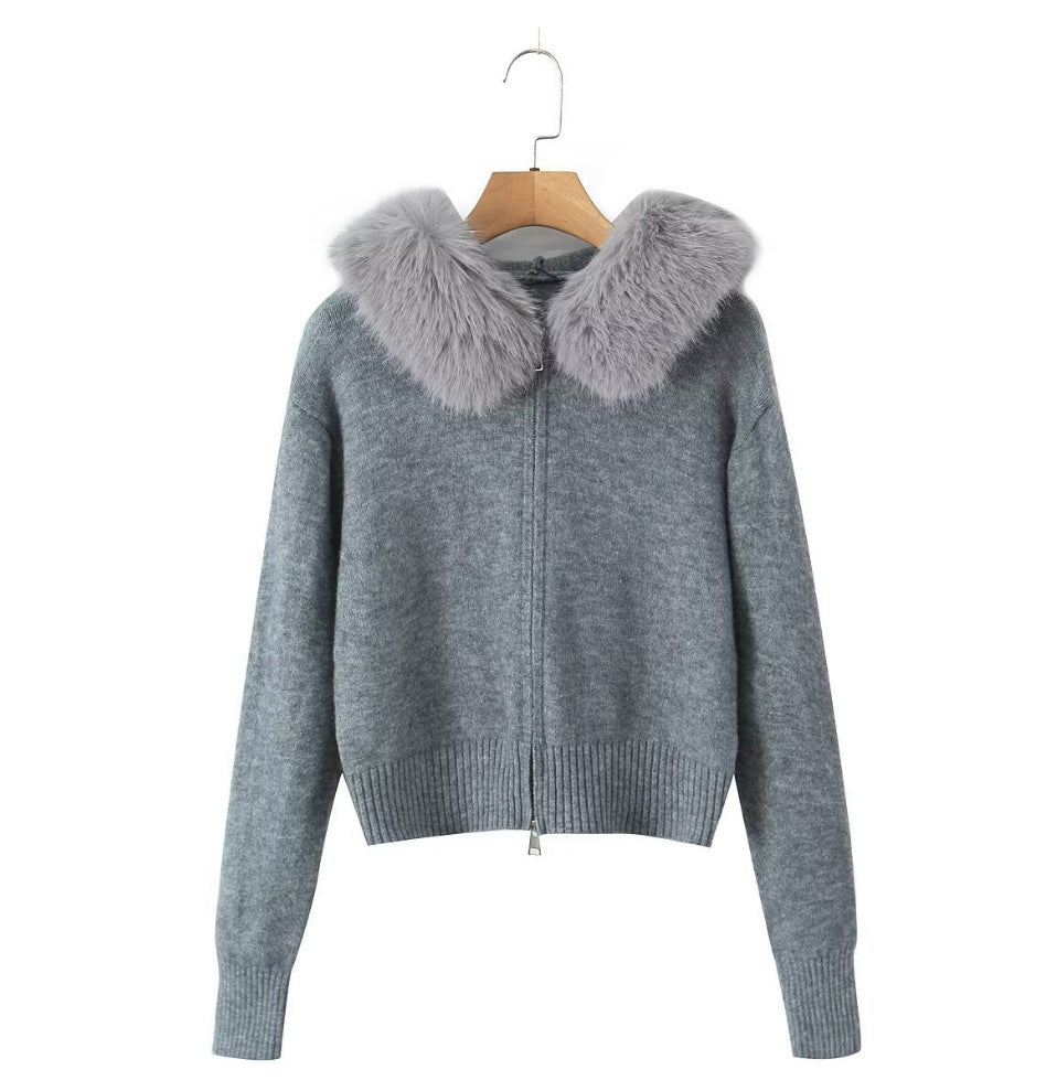 Cardigan pour femme col en fausse fourrure de luxe fermeture éclair