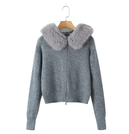 Cardigan pour femme col en fausse fourrure de luxe fermeture éclair