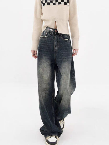 Jeans Baggy Délavé Coupe Décontractée Femme
