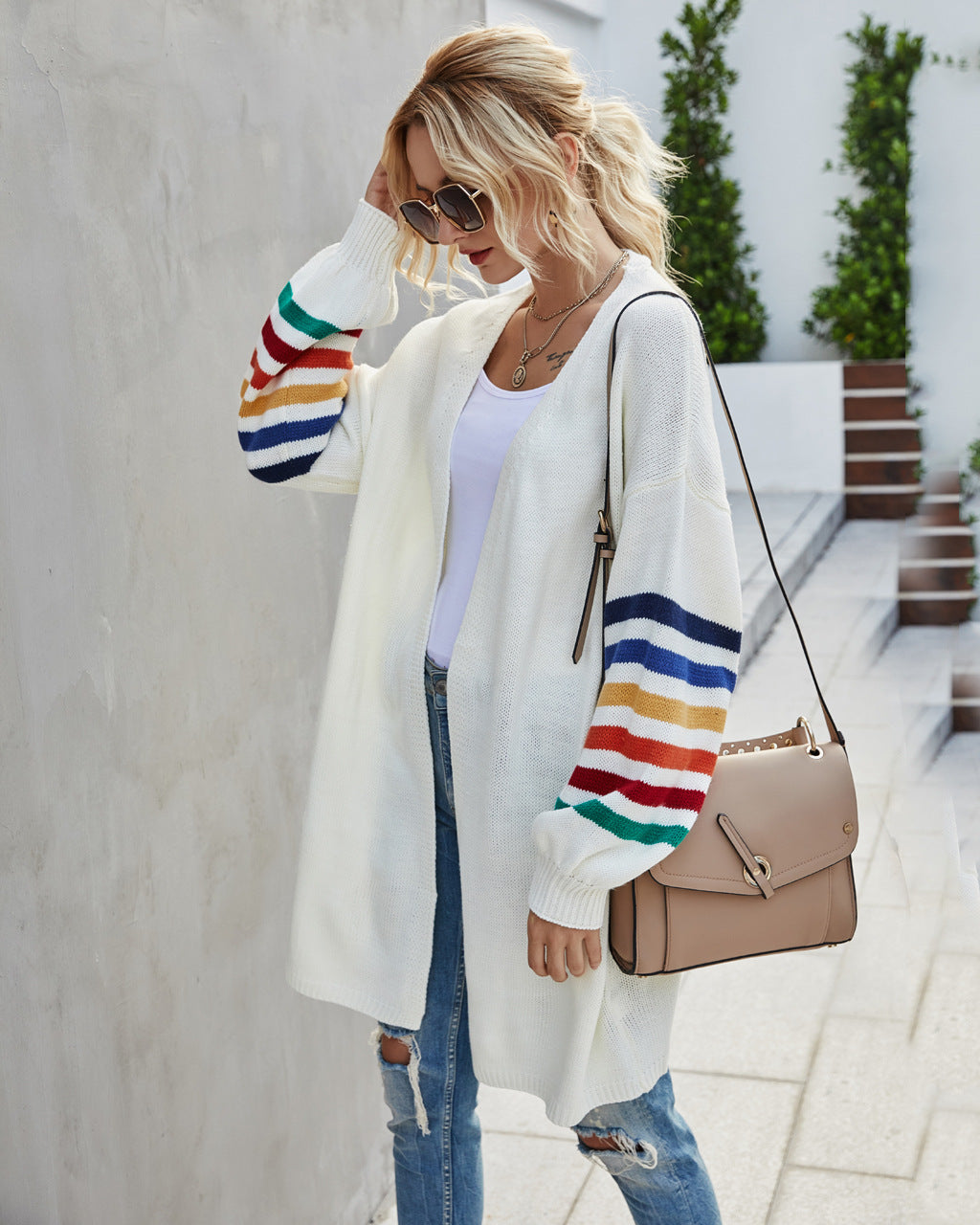 Gilet ouvert coupe longue ample rayé multicolore