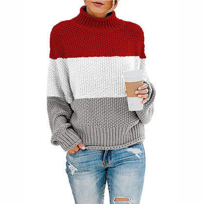 Pull Femme Gros Tricot Col Haut Moderne Color Block