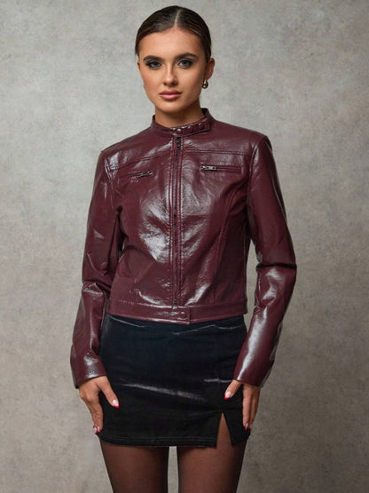 Veste en cuir courte pour femme, style asymétrique chic