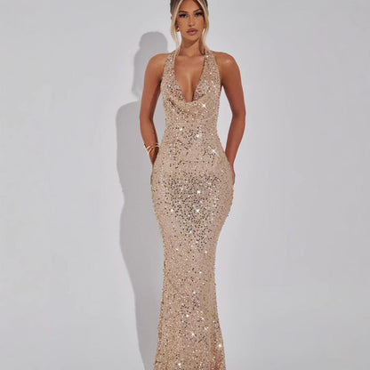 Robe de soirée glamour à sequins et décolleté en V