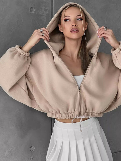 Sweat à capuche court zippé pour femme