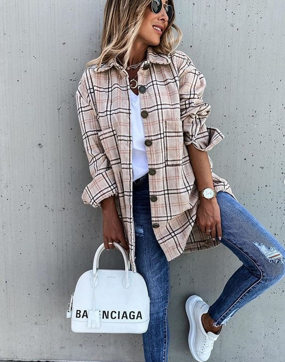 Karo Kleid Übergroß Wollig Knielang Casual - IdealeKleiden