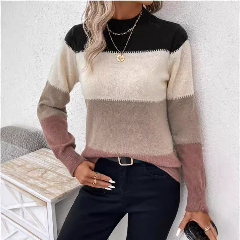 Damen Strickpullover Trendig Blockstreifen Hoher Kragen - IdealeKleiden