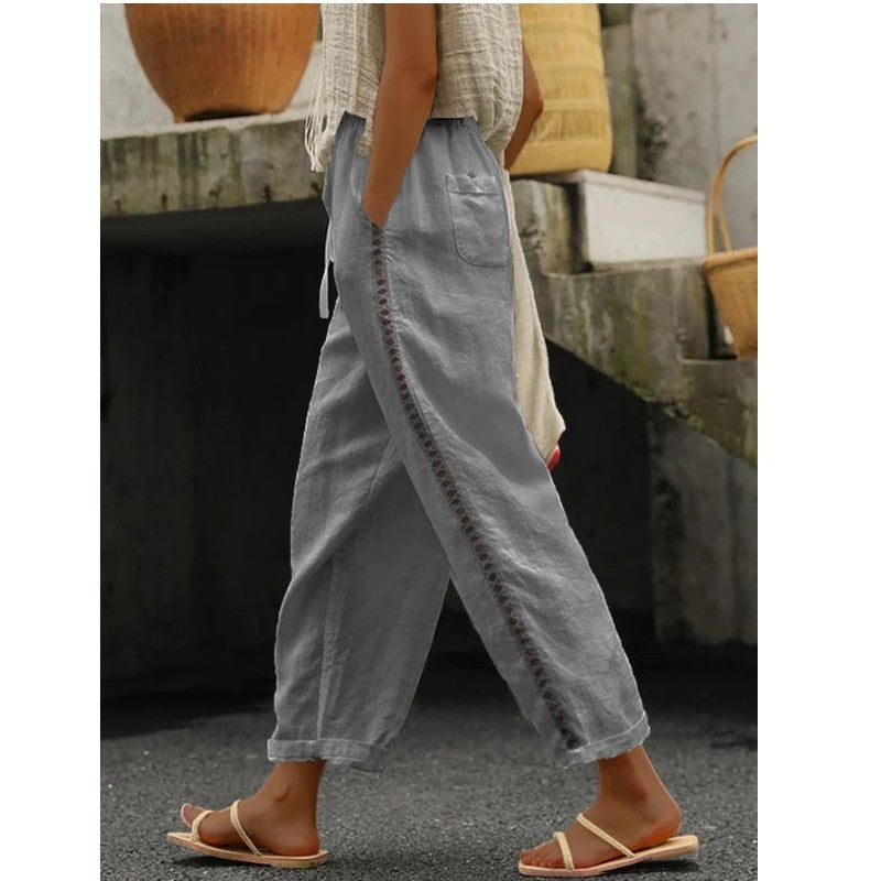 Pantalon en lin femme léger d'été avec boutons