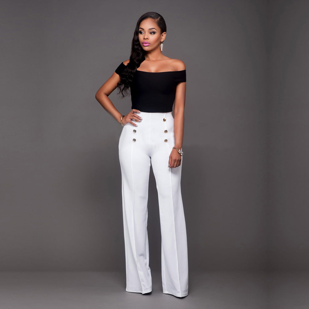Pantalon Palazzo Femme Taille Haute Élégant Boutons