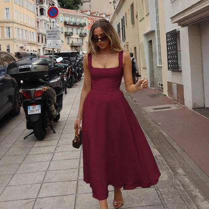 Robe longue femme élégante ligne A décolleté carré