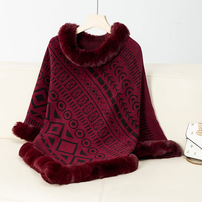 Poncho élégant pour femme, col en fausse fourrure, tendance