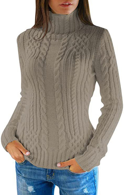 Pull tricoté à col montant tressé élégant pour femme