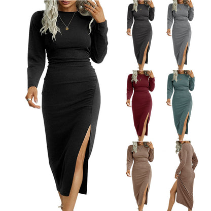 Damen Langarm Kleid Elegantes Raffdesign - IdealeKleiden