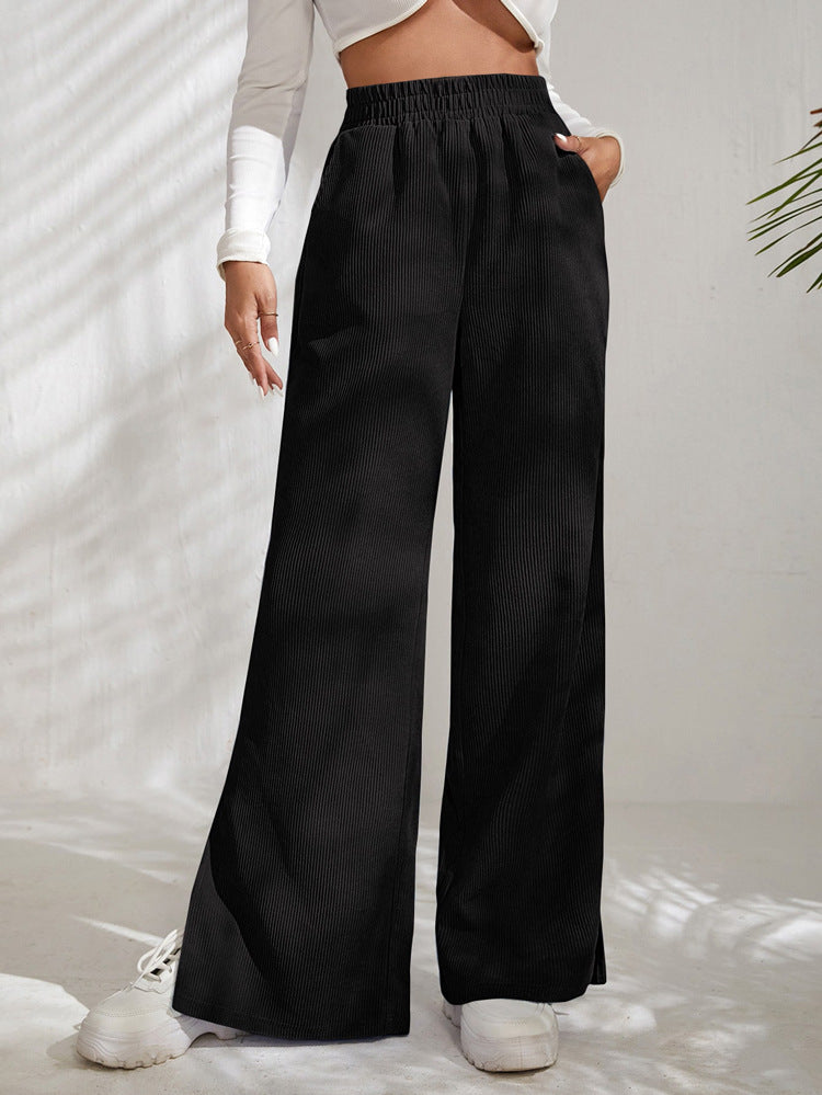 Pantalon femme en velours côtelé à jambes larges avec fentes élastiqué