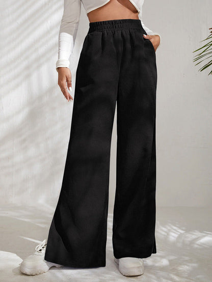 Pantalon femme en velours côtelé à jambes larges avec fentes élastiqué