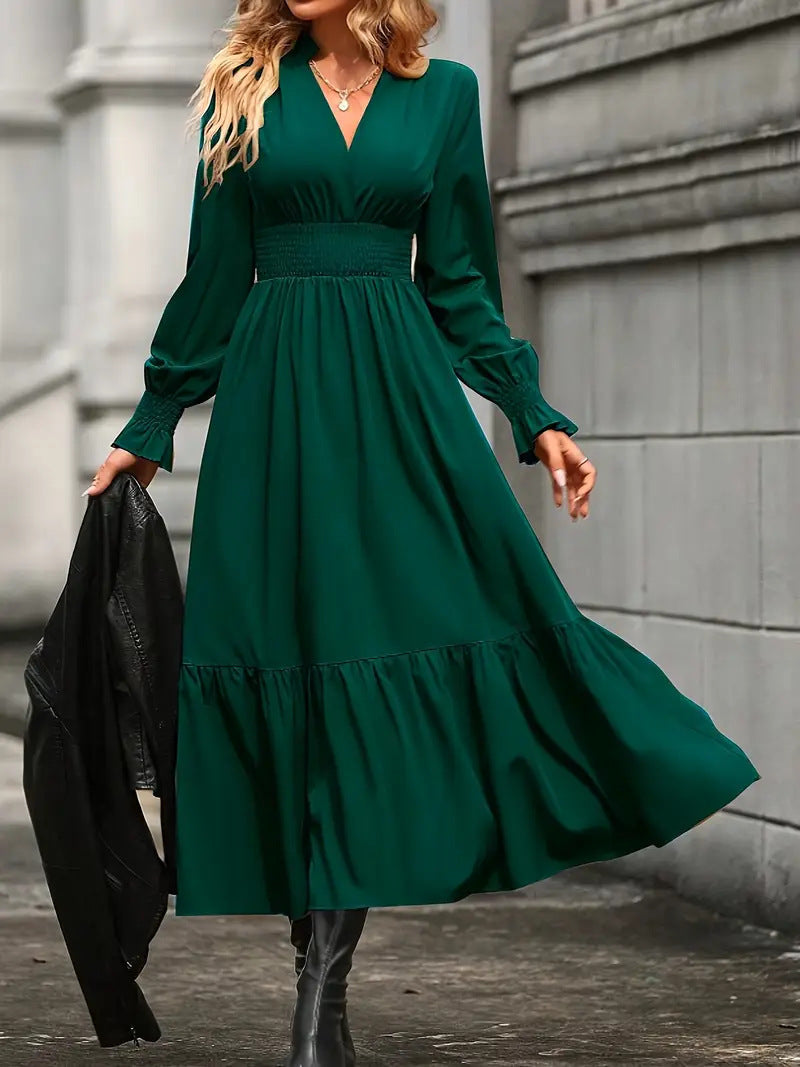 Robe longue femme élégante col en V manches bouffantes