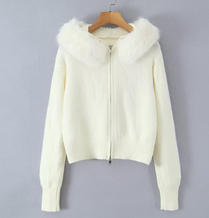 Cardigan pour femme col en fausse fourrure de luxe fermeture éclair