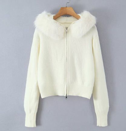 Cardigan pour femme col en fausse fourrure de luxe fermeture éclair