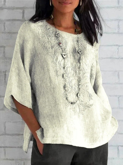 Blouse en lin brodée élégante pour femme été