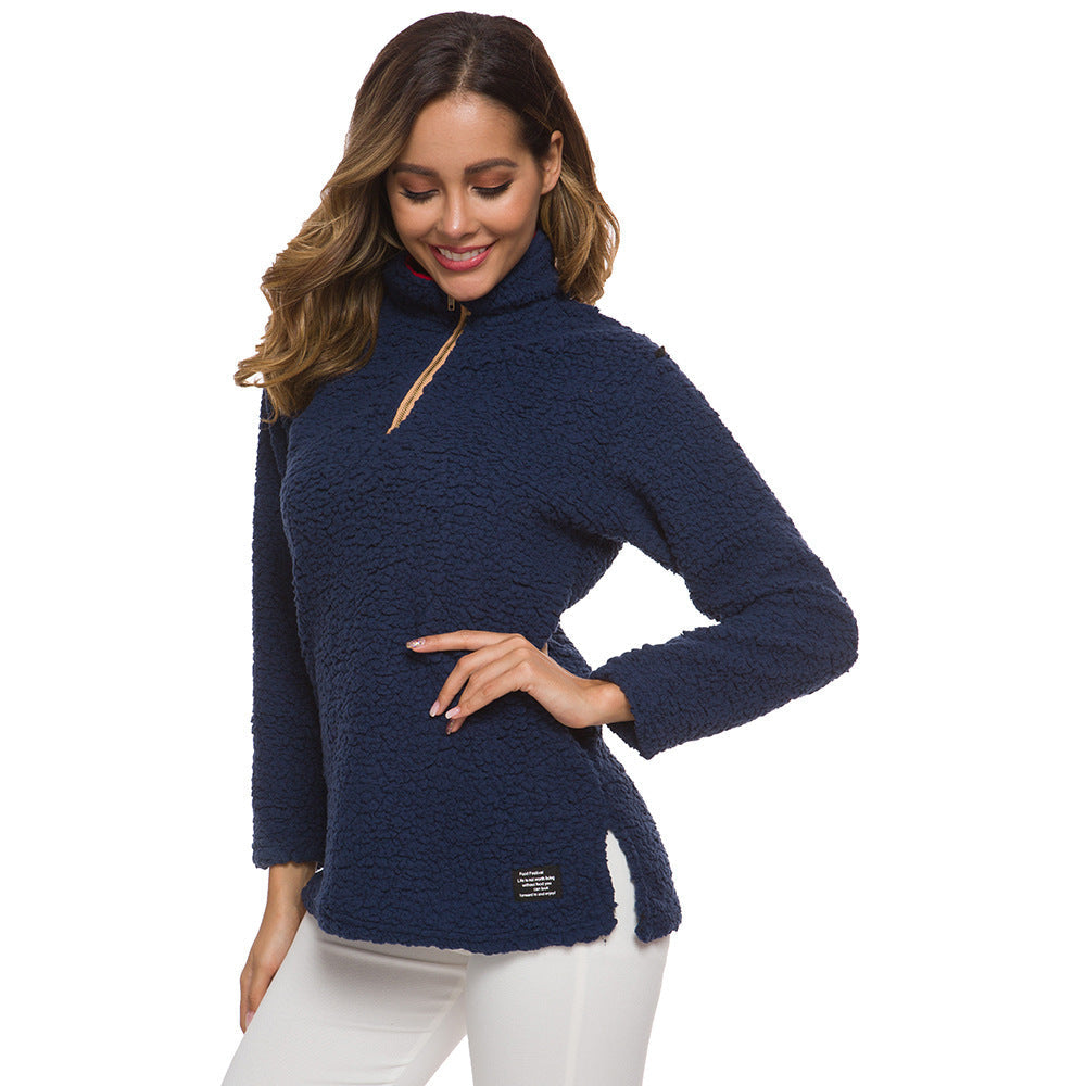 Damen Fleece Pullover Weich Hochkragen Reißverschluss - IdealeKleiden