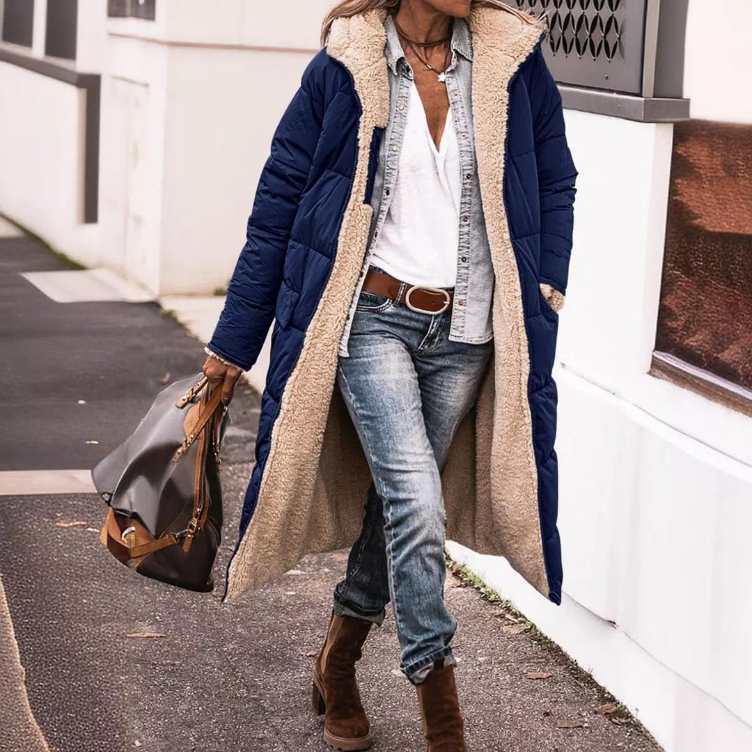 Veste réversible pratique à capuche longueur genou pour femme