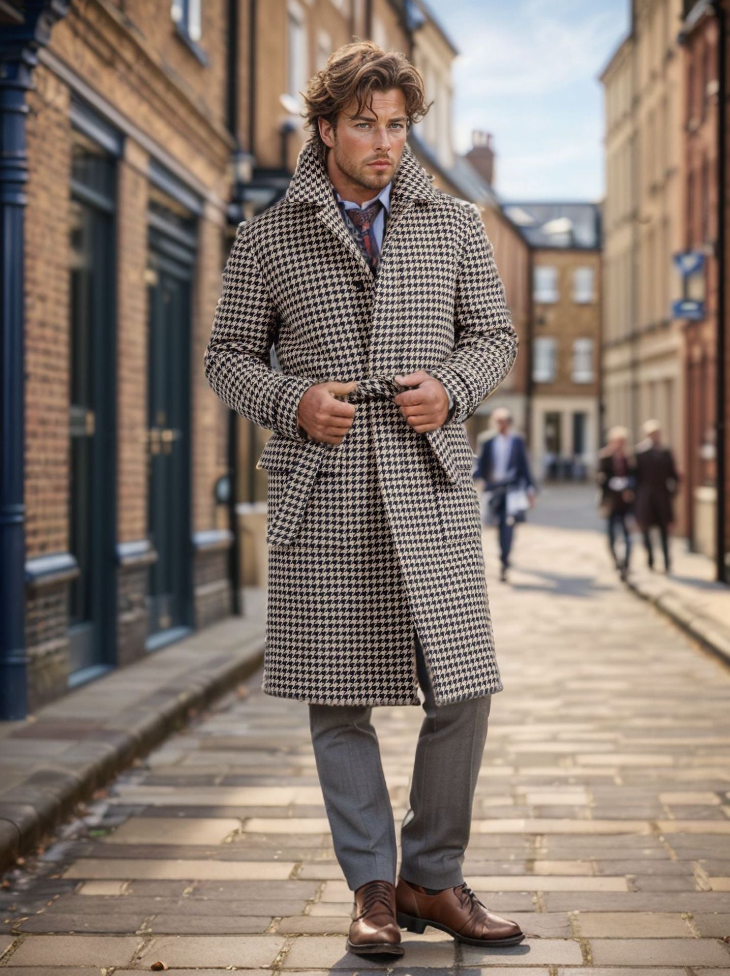 Manteau long homme à motif pied-de-poule élégant, noir