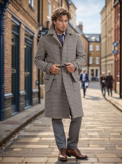 Manteau long homme à motif pied-de-poule élégant, noir