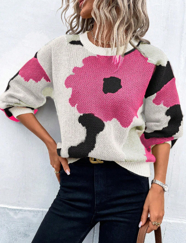 Pull tricoté à motifs Coupe décontractée Col rond