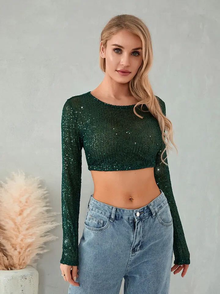 Haut à paillettes manches longues pour femme, élégant, robe de soirée