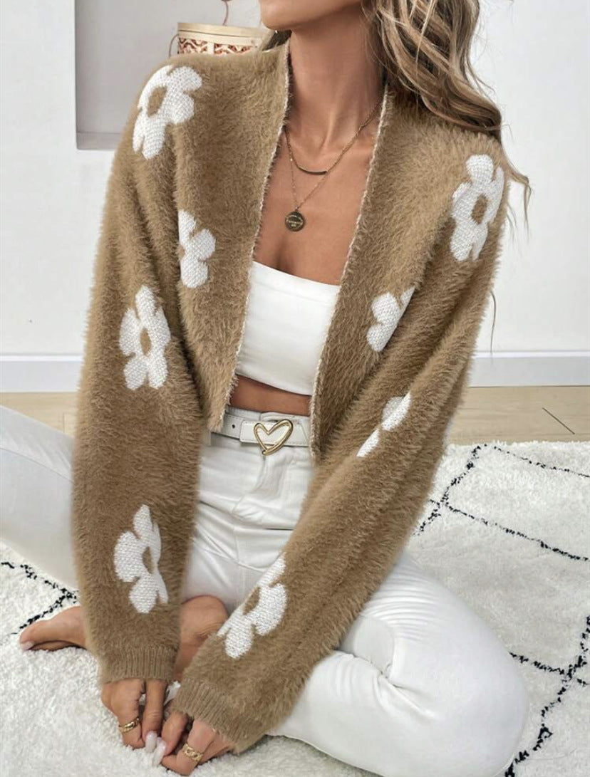 Cardigan femme motif floral doux et confortable
