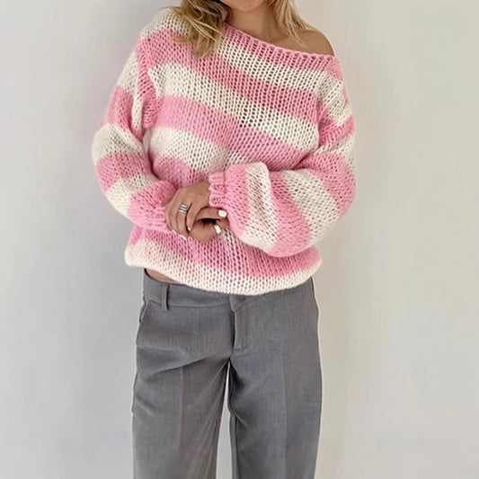 Damen Pullover Großes Streifenmuster Weite Ärmel - IdealeKleiden