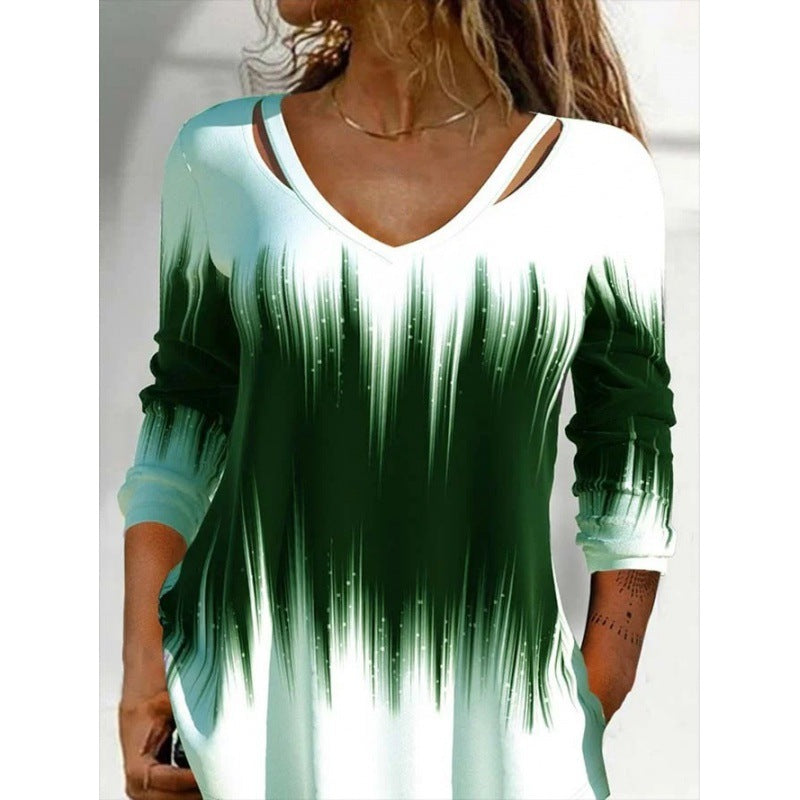 Haut femme manches longues col en V coloré tendance