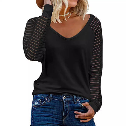 Haut Femme Manches Longues Col V Rayures Manches Tendance