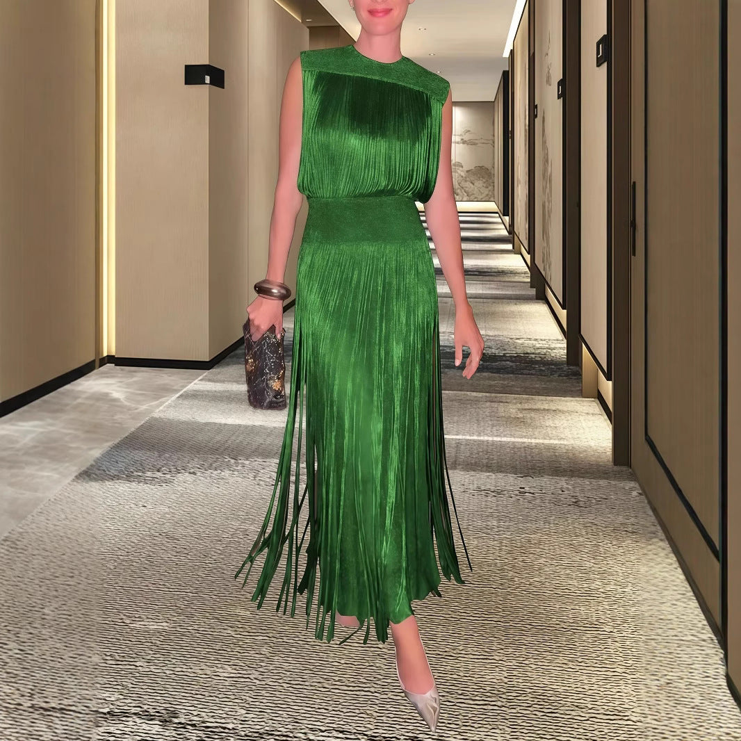 Damen Maxikleid Elegantes Design mit Falten und Fransen - IdealeKleiden