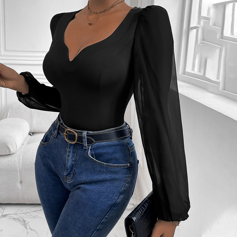 Body Femme Romantique Manches Bouffantes Col en V