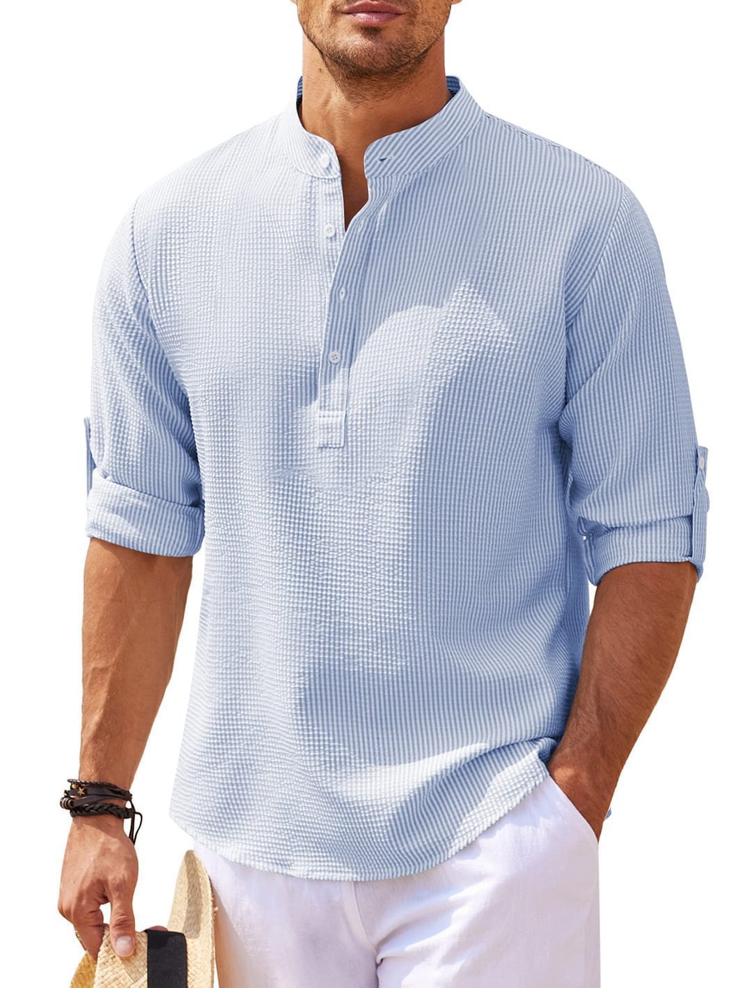 Chemise homme coupe décontractée col montant aspect côtelé
