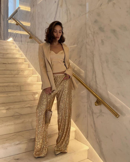 Pantalon scintillant pour femme, style palazzo élégant