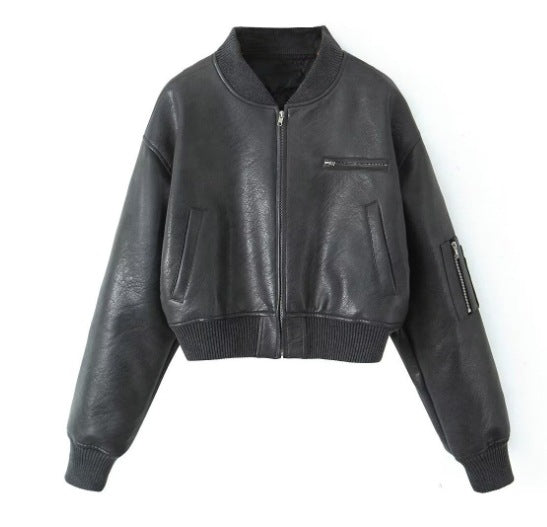 Blouson Aviateur en Cuir Femme Noir Tendance
