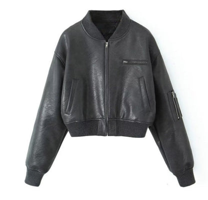 Blouson Aviateur en Cuir Femme Noir Tendance