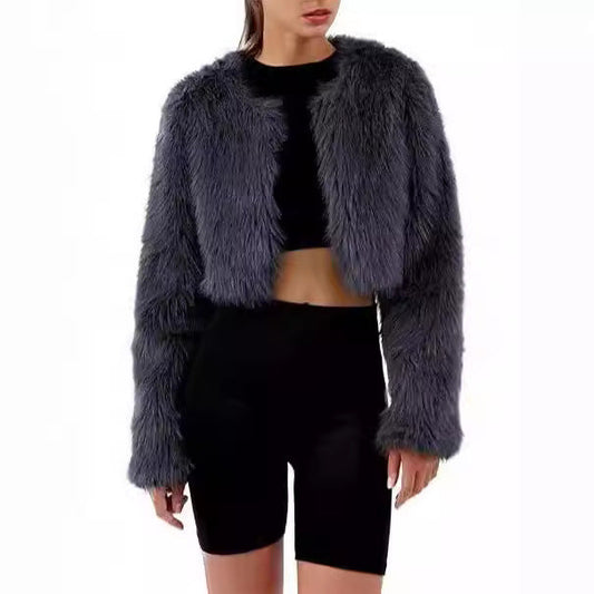 Damen Kurzjacke Flauschig Offener Schnitt Chic - IdealeKleiden