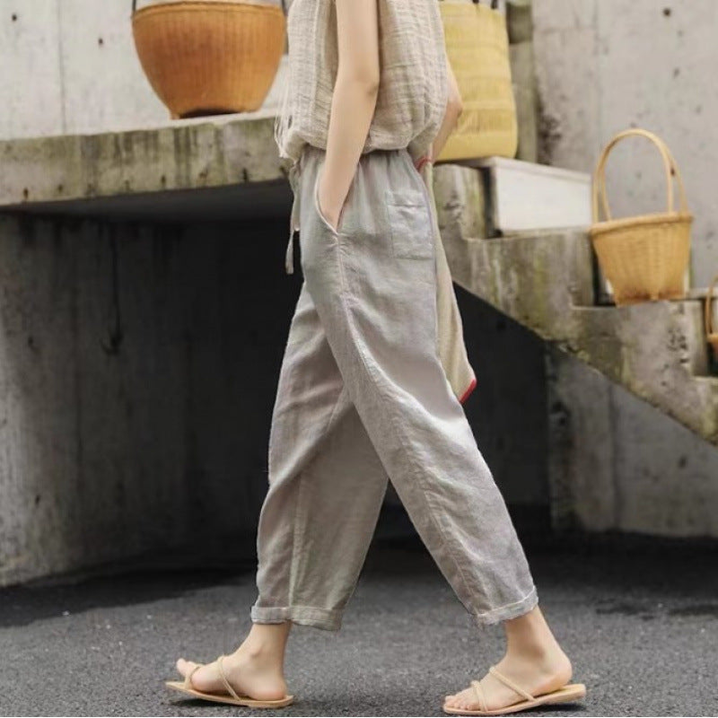 Pantalon en lin femme confortable élastique avec poches