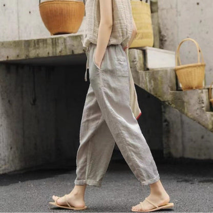 Pantalon en lin femme confortable élastique avec poches
