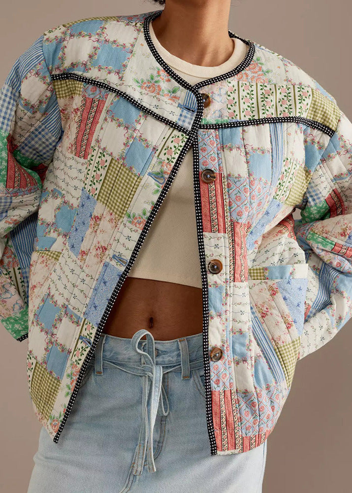 Veste patchwork stylée en coton matelassé col rond