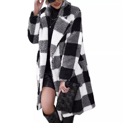 Long Manteau Oversize Doux Sherpa Carreaux Col Dégagé